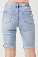 RISEN High Rise Distressed Denim Bermuda Shorts