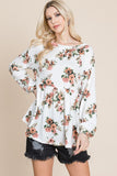 Super Lady Full Size Babydoll Floral Boat Neck Long Sleeve Blouse