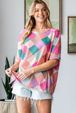 HOPELY Full Size Multi Colored Argyle Side Slit T-Shirt