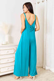 Double Take Full Size Soft Rayon Spaghetti Strap Tied Wide Leg Jumpsuit