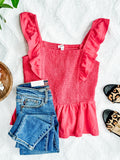 1.12 Smocked Sleeveless Top With Ruffle Shoulder Detail In Watermelon