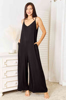 Double Take Full Size Soft Rayon Spaghetti Strap Tied Wide Leg Jumpsuit